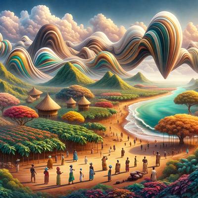 The primary subject of the image is a group of people walking down a dirt road. The setting is a beach, with a body of water visible in the background. The visual style is a painting, featuring a vibrant and colorful scene. The colors and mood of the image are lively and cheerful, with a sense of adventure and exploration.